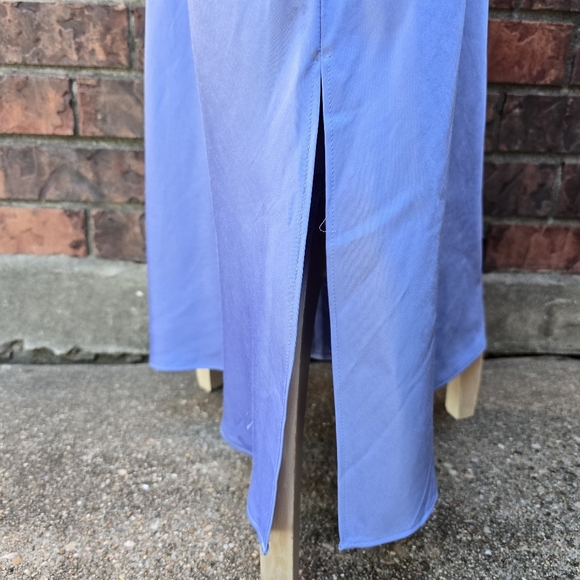 Express Satin V-Neck Downtown Cami Blue Slip Dress Size Medium Slits - Picture 4 of 11